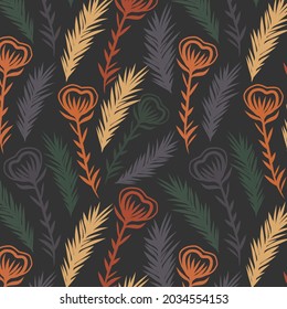 Vector seamless pattern, background, texture with flowers, leaves or fantasy feathers. Fall or autumn colors