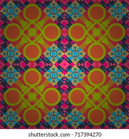 Vector seamless pattern. Background, texture with pop art effect. Technologic fabric tile card cover print badge. Geometric design template with orange, yellow and blue elements.