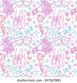 Vector seamless pattern or background with trendy linear icons related to ballet and theatre. Surface design  for banner, poster, websites and prints.