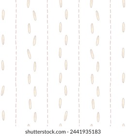 Vector seamless pattern background: Trickling Seeds. Off-white grain trickling down among red dashed vertical lines . Part of Les Petites collection.