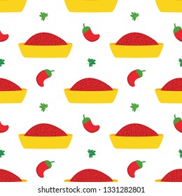 Vector seamless pattern background with tunisian hot chili pepper sauce or paste Harissa.