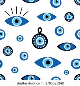 Vector seamless pattern background with variety of turkish blue eye-shaped amulets, nazar talismans.