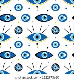 Vector seamless pattern background with variety of turkish blue eye-shaped amulets, nazar talismans and dots.