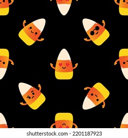 Vector seamless pattern background with variety of cute cartoon style candy corn, halloween sweets characters.