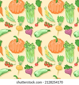 vector seamless pattern. background of vegetables for the menu, site, textiles. useful, healthy food. pumpkin, tomatoes, beets, radishes, carrots, corn, celery, zucchini.