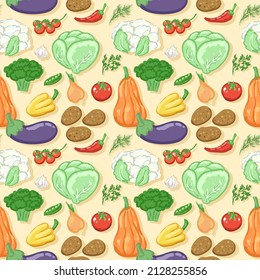 image vectorielle motif harmonieux. arrière-plan de légumes pour le menu, site, textiles. une nourriture saine et saine. citrouille, tomates, pommes de terre, oignons, chou, brocoli, poivrons, pois, chou-fleur, aubergine.