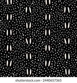 Vector seamless pattern background: Walking In Pairs. White seeds in pairs lying almost like animal tracks among an ocean of tiny white dots. Part of Les Petites collection.