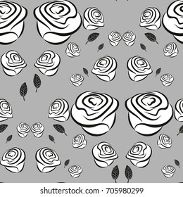 Vector seamless pattern background for wallpaper, interior, wall-coverings. Illustration of roses in grey tints. Floral motifs.