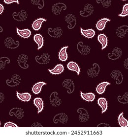 Vector seamless pattern background: Wandering Paisley. This diagonal repeat features small pink and white paisley trios among transparently outlined droplets. Part of Paisley Positions collection.