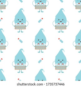 Vector seamless pattern background with water drop character holding box with water bottles. Hydration concept.
