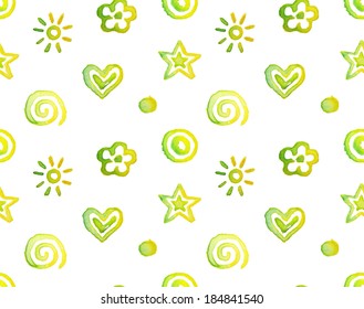 Vector seamless pattern, background watercolor cute doodles isolated on white