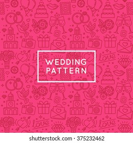 Vector seamless pattern and background for wedding invitations and valentine's card postcards and banner - love and marriage related icons in trendy linear style