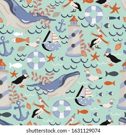 Vector seamless pattern background with whales, boats and fish. 