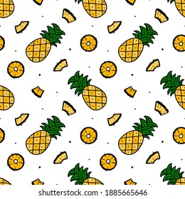 Vector seamless pattern background with whole pineapples and pineapple slices for tropical food design.