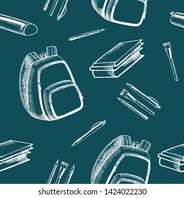 Vector Seamless pattern with backpack, pencil case, pens, pencils and books. Back to school. Hand made Icons accessories for school in sketch style