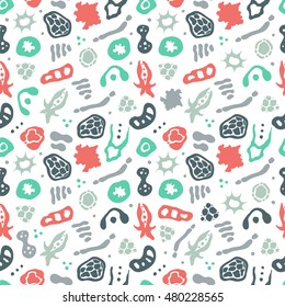 Vector seamless pattern with bacterial, cells, virus and germs. Hand drawn medical background. Vector illustration.