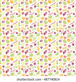 Vector seamless pattern with bacterial, cells, virus and germs. Hand drawn medical background. Vector illustration.