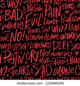 Vector seamless pattern with the bad words Pain, dirt, upset, angry, evil, tears and others. Handwritten pattern