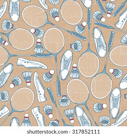 Vector seamless pattern with Badminton set on isolated parquet texture