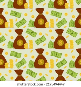 Vector seamless pattern with a bag of money.
Money bag template. Making money, saving, investing, web design, business advertising.Vector seamless pattern with a bag of money.