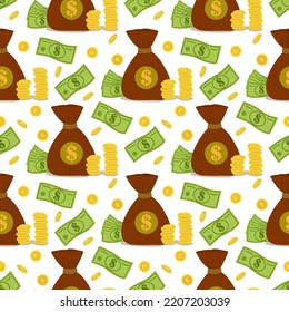 Vector seamless pattern with a bag of money.
Money bag template. Making money, saving, investing, web design, business advertising.Vector seamless pattern with a bag of money.