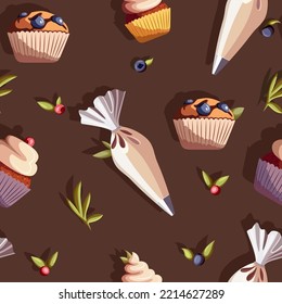 Vektornahtloses Muster für Bäckereien, Druck, Café, Läden, Design, Typografie. Vektorgrafik von Cupcakes, Muffins, Backspritzen, Beeren mit Blättern einzeln auf braunem Hintergrund.