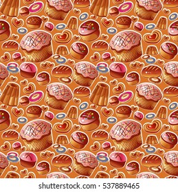 Vector seamless pattern with bakery and confectionery and culinary products on a brown background. Vector illustration.