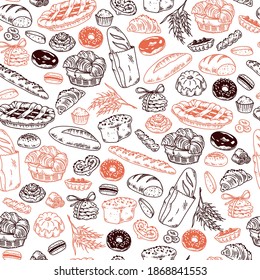 Vector seamless pattern with bakery goods - pie, bread, cookie, donut, croissant - outline isolated objects on white background. Hand drawn doodle style. Vector illustration. Packaging wrapping paper.