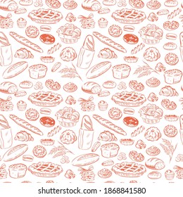 Vector seamless pattern with bakery goods - pie, bread, cookie, donut, croissant - outline isolated objects on white background. Hand drawn sketch style. Vector illustration. Packaging wrapping paper.
