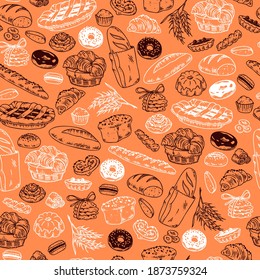 Vector seamless pattern with bakery goods - pie, bread, cookie, donut, croissant - outline isolated objects on orange background. Hand drawn doodle style. Vector illustration. Packaging wrapping paper
