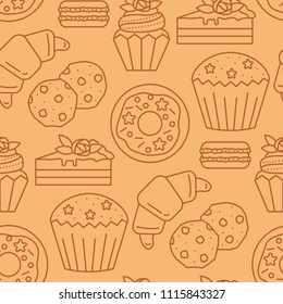 Vector seamless pattern with bakery linear icons. Packaging design, background for bakery shop