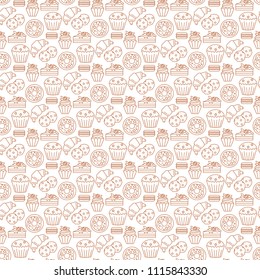 Vector seamless pattern with bakery linear icons. Packaging design, background for bakery shop
