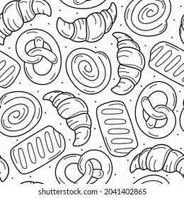 Vector seamless pattern with bakery products on the white background