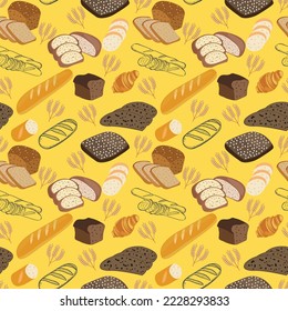 vector seamless pattern of Bakery various kinds  Organic baked goods, shop food, design menu bakery pastry. 