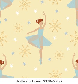 Vector seamless pattern with ballerinas and snowflakes.Nutcracker ballet wallpaper