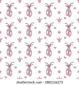 vector seamless pattern with ballet Pointe shoes, crown, stars and butterflies