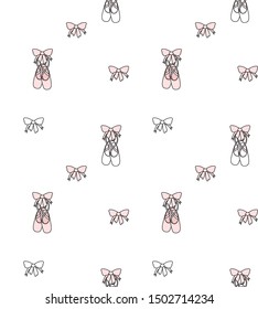 Vector seamless pattern, ballet shoes, pointe and ribbon bow, pink and white