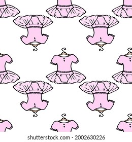 Vector seamless pattern of a ballet tutu with an isolated element on hangers, hand-drawn in the sketch style with a black line. Ballerina dress on hangers for logo, labels and packaging for dance desi