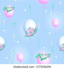 Vector seamless pattern with balloons and bouquets of flowers on them. Blue background, serpentine and confetti.