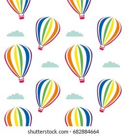 vector seamless pattern with balloons and clouds. Balloons with cute clouds seamless pattern.Design Rainbow balloons. Baby shower vector illustration on blue sky background.