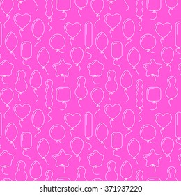 Vector seamless pattern with balloons of different shapes. Endless pink birthday background with line art icons of balloons. Air balls with helium, flying up. Wrapping paper, gift bags design, ads.