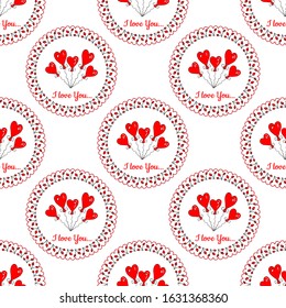 Vector seamless pattern with balloons hearts and the inscription I love you.