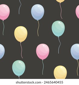 Vector seamless pattern with balloons in pastel colors on dark background