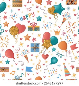 Vector seamless pattern with balloons, stars, gift boxes and hearts. Perfect for wrapping paper, holiday designs and textiles. Joyful festive background for birthday and New Year, Valentine's Day.