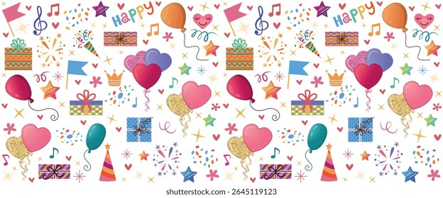 Vektor nahtloses Muster mit Ballons, Sternen, Geschenkboxen und Herzen. Perfekt zum Verpacken von Papier, Urlaubsdesigns und Textilien. Fröhlicher festlicher Hintergrund zum Geburtstag und Neujahr, Valentinstag.
