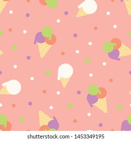 Vector seamless pattern with balls of ice cream and waffle on a pink background. Children's textile