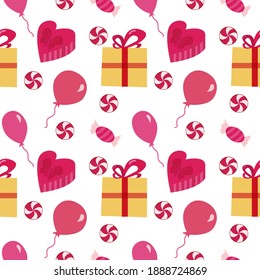 Vector seamless pattern with baloons, red hearts, stars, arrows, present boxes on pastel rose background. Cute design for Valentine's day or Birthday