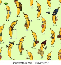 Vector Seamless Pattern of Banana Characters on Green Background