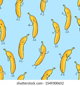 Vector Seamless Pattern of Banana Characters on Blue Background
