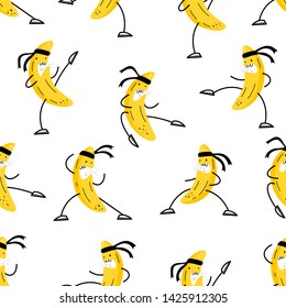 Vector seamless pattern. Banana is engaged in martial arts. Emoji style

